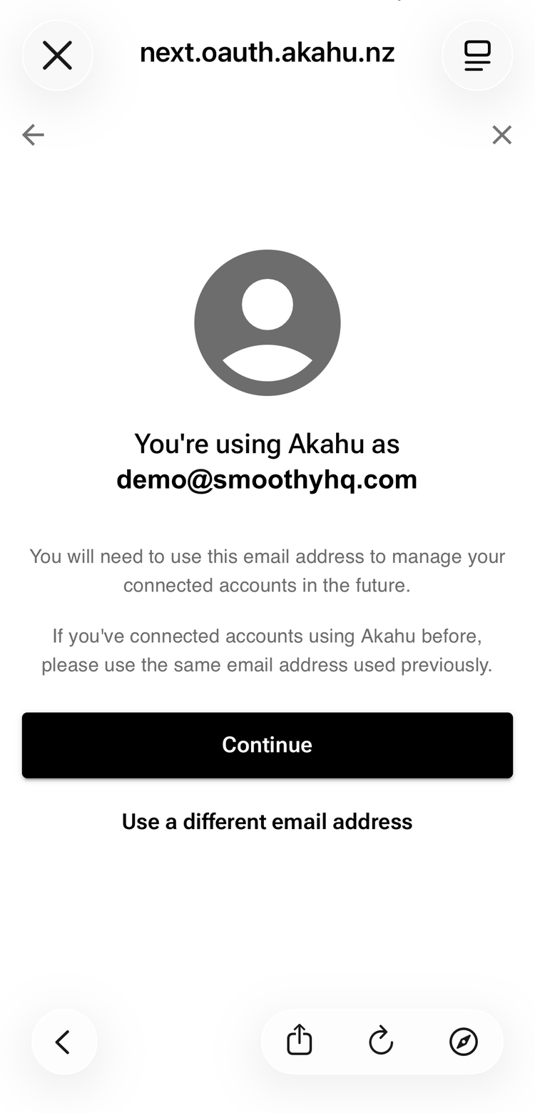 Akahu screen confirming the email address used to manage connected accounts