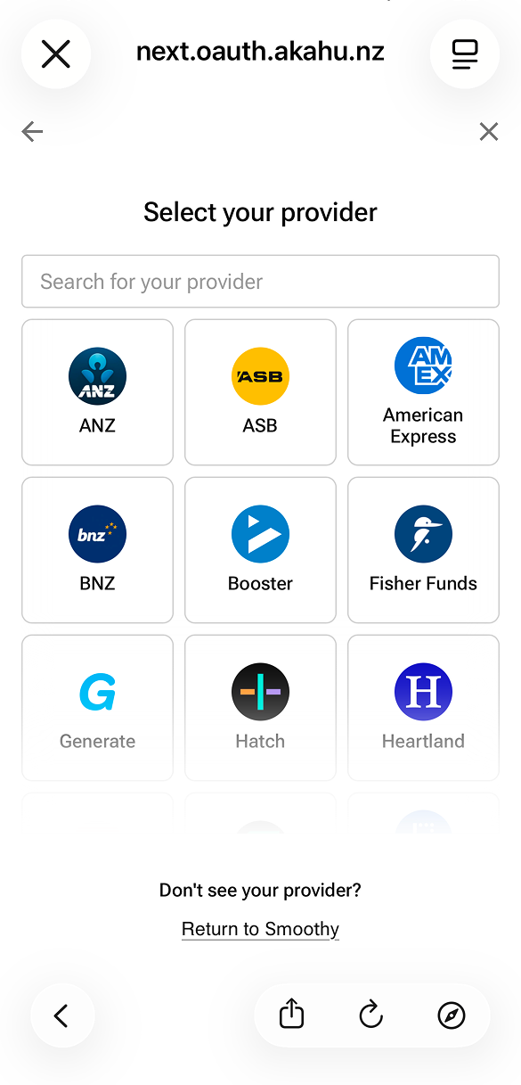 Akahu screen to select your provider, showing NZ banks and other financial services