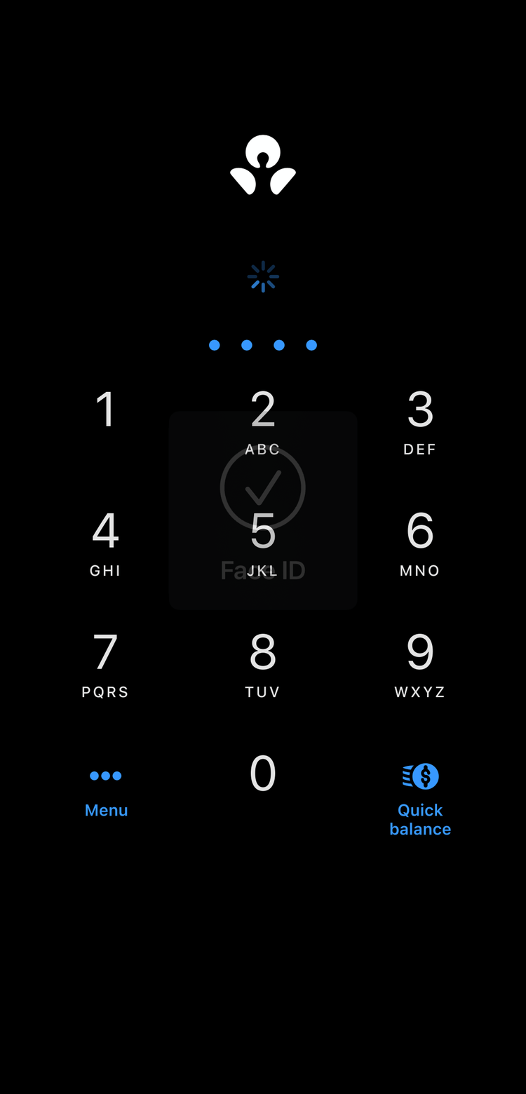 Mobile banking app asking you to confirm with Face ID or a PIN