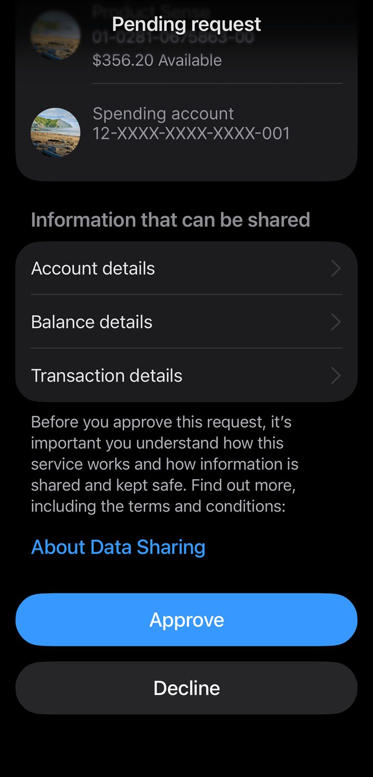 ANZ screen to approve sharing account, balance and transaction details for a pending bank feed