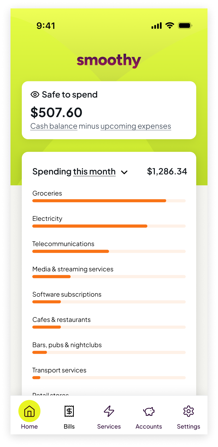 Smoothy home screen after connecting, showing safe to spend and spending this month